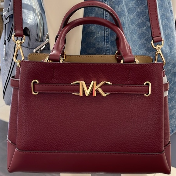 Michael Kors Handbags - Michael Kors Reed Small Dark Cherry Leather Center Zip Belted Satchel Purse 
NWT